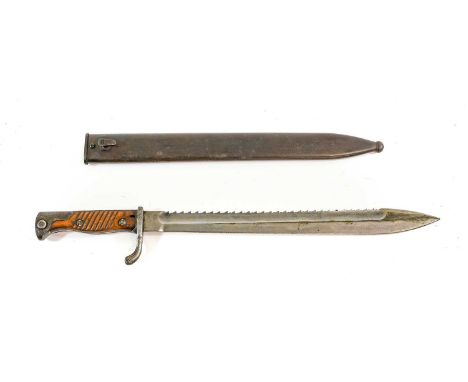 A German 1898/05 NCO Butcher Bayonet, second pattern, the 36.5cm saw-back steel blade stamped WAFFENFABRIK MAUSER A.G. OBERND