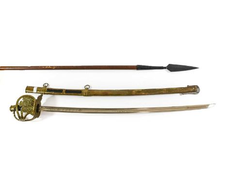 A Copy of a French Guardes du Corps Parade Sword, the brass half basket hilt stamped VERSAILLES and with stained fishskin gri