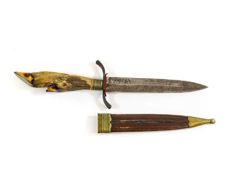 A 19th Century German Hunting Knife, with 14.5cm single edge steel blade, steel recurving crossguard and deer's foot grip, th