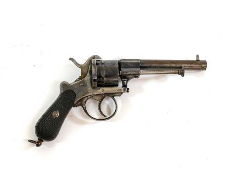A 19th Century Belgian Pinfire Six Shot Revolver, with blued finish, the 12cm sighted barrel octagonal at the breech, the cyl