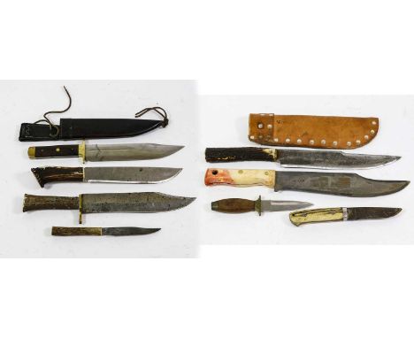 Eight Various Bowie Knives, one with antler grip and leather scabbard, one with wood grip and leather sheath, four with antle