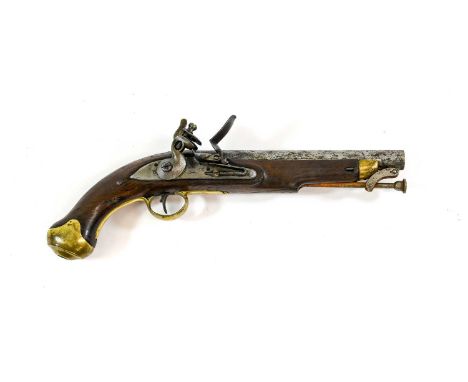 A British New Land Pattern Flintlock Service Pistol, the 22.5cm round steel barrel with Board of Ordnance marks, the lock pla