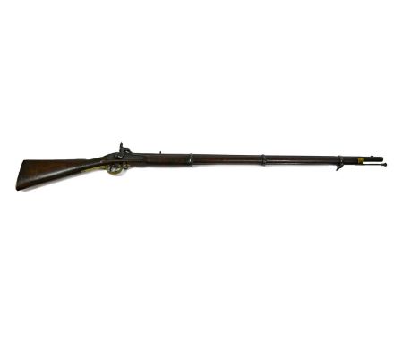 An Enfield 1859 Three Band Percussion Musket, .577 calibre, the 99cm round steel barrel with dog kennel fore sight and V rear