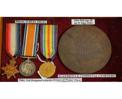 A First World War Casualty Group, awarded to GS-7901 PTE.A.(ALBERT) MILES 3-D.GDS., comprising 1914-15 Star, British War Meda