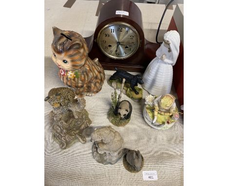 A vintage wooden cased mantle clock and a selection of ceramics including NAO, shipping unavailable