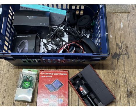 A box of assorted electronic items including headphones, microphone  etc (untested)