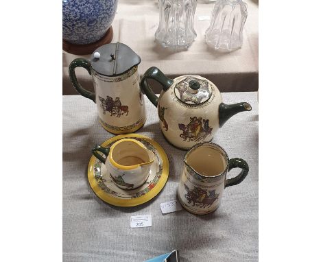 A antique Royal Doulton tea service 'The Canterbury Pilgrims' a/f repair to spout on teapot, shipping unavailable