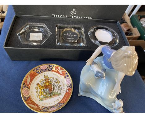 A Nao figurine with a Royal Doulton photo frame set and a commemorative dish, shipping unavailable