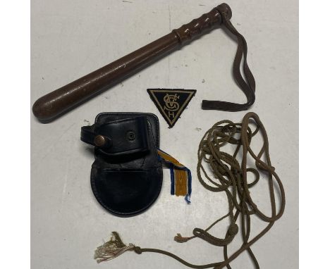 A vintage wooden truncheon and arm patch etc