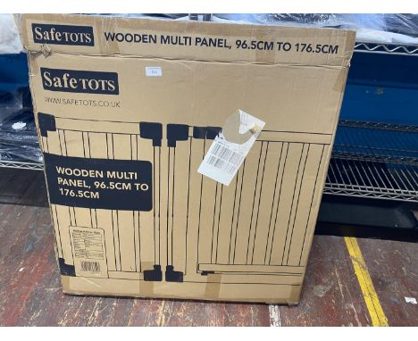 A boxed wooden baby safety gate (unchecked), shipping unavailable