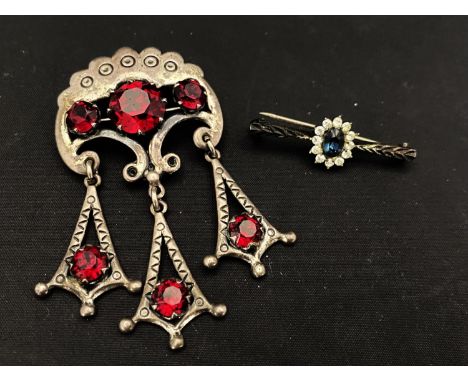 A vintage 925 silver and red stone brooch and bar brooch