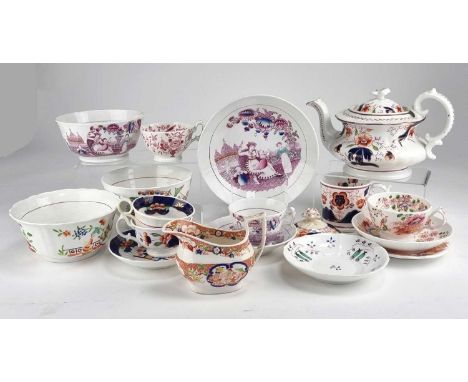 A collection of Hilditch porcelain, comprising a 'Gaudy Welsh' type teapot and cover, with two similar teacups, a saucer and 