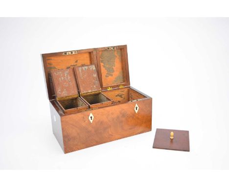 A 19th century mahogany tea caddy, of rectangular outline, the divided hinged covers enclosing twin tea boxes and a mixing co