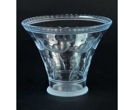Edward Hald for Orrefors, Swedenan engraved, frosted blue glass vase first designed in 1928, of flared form, decorated with s