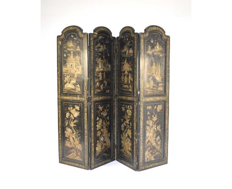 A late 19th century chinoiserie 4-fold screen, each section with an arched top above two portrait panels, the upper ones deco