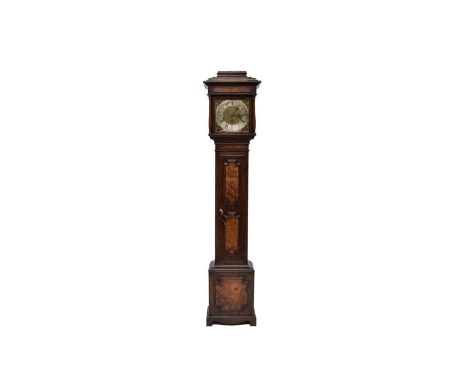 A small early 20th century, George II style, oak and walnut veneered panelled, longcase clock, with an 8.25" engraved brass d