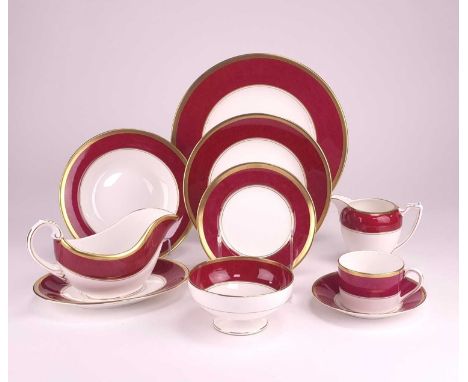 A Coalport Athlone Marone dinner and coffee service20th centurycomprising five dinner plates, 10 3/4" diameter, six soup dish