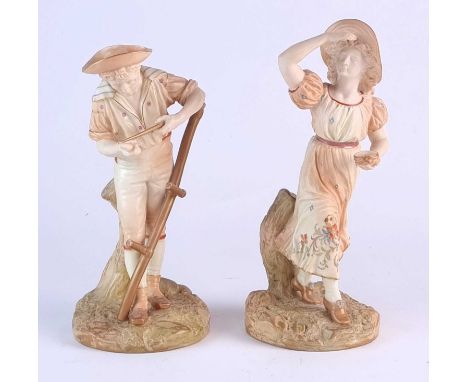 A pair of Royal Worcester figures after James Hadley, model numbers 1293 and 1292, modelled as a lady with a bird's nest and 