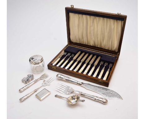 A cased set of six silver fruit knives and forks, Harrison Brothers &amp; Howson, Sheffield 1909, comprising; six knives and 