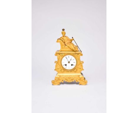 An early-mid 19th century ormolu French mantel clock, by 'Raingo, Paris', the 2.75" enamelled dial with Roman numerals, withi