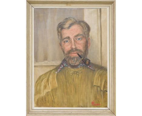 *** Payne (British, 20th century), Half portrait of Sir Vivian Fuchs, with a beard, smoking a pipe and wearing a Cossack's tu