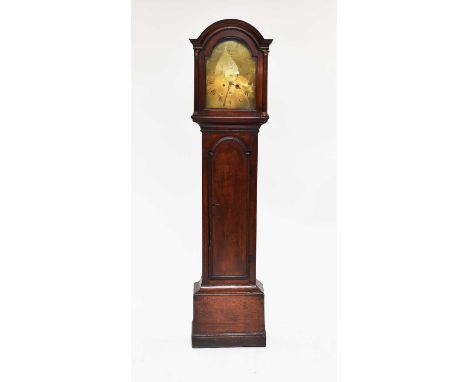 A George III oak brass-dial longcase clock by William Draper of Waldon, the arch-top hood with three-quarter pilasters to the