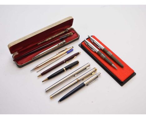 A collection of writing instruments, to include, a Cross ballpoint and pencil, a Conway Stewart ballpoint and pencil in case,