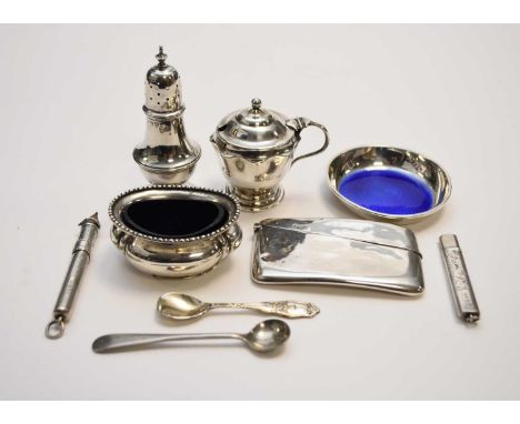 A small collection of silver, comprising; a matched three piece silver cruet set comprising a pepper pot, a mustard and a sal