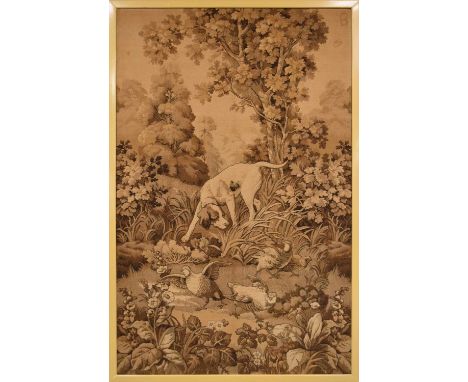 A large late 19th century woven tapestry hunting scene, en grisaille in russet tones depicting a hound chasing down game bird