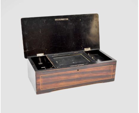A 19th century faux rosewood, 6-air, music box, with a 12cm metal cylinder, lever-wound and with 'stop' and play' and 'change
