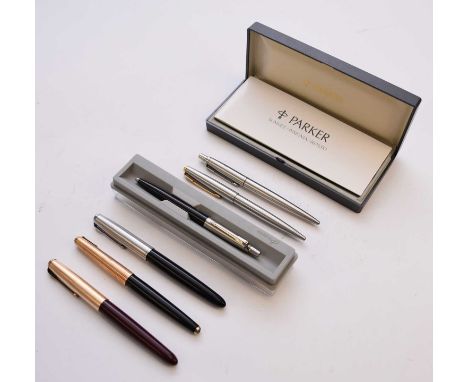 A collection of Parker fountain pens and ballpoints, comprising; 9 vintage Parker 51 and 61 fountain pens, three vintage ball