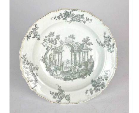 A Worcester porcelain 'Classical Ruins' soup platecirca 1760of fluted form with a gilt line border, transfer-printed in black