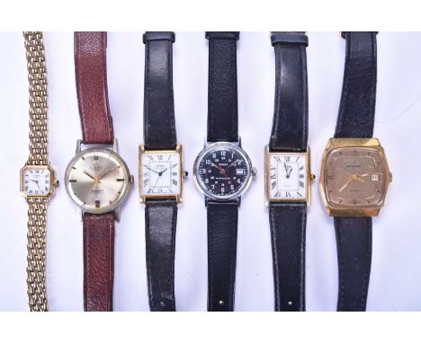 Five gentleman's and one lady's wristwatch: An Oris gold plated rectangular case with cabochon set crown, manual wind; a simi