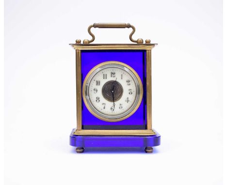A blue glass cased carriage timepiece, with brass mounts and carrying handle, the white enamel chapter ring with black Arabic