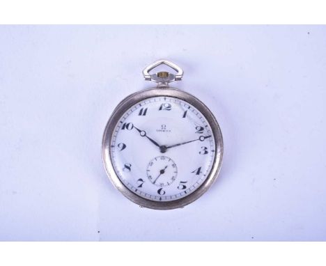 Omega: A white metal open face pocket watch, circa 1916, with machined case, the white enamel dial with Arabic hour markers, 