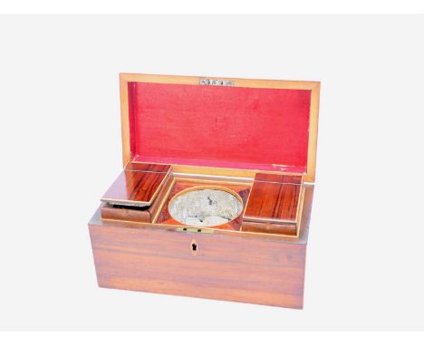A George III rectangular tea caddy, probably goncalo alves, inlaid with boxwood stringing, some damage, 30.5cm wide x 15cm de