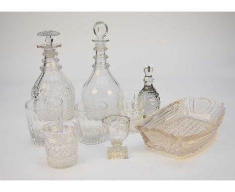 A group of George III glassware, comprising two triple ring neck decanters, one with cut glass detail to the body, 25 and 27c