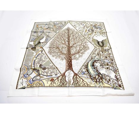 A Hermes silk 'Axis Mundi' print scarf, designed by Christine Henry, incorporating a tree surrounded by flora, fruits and fau