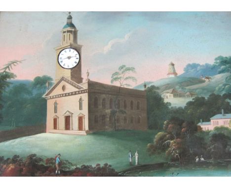 A 19th century clock picture depicting a rural landscape with view towards a building with clock tower, and distant windmill 