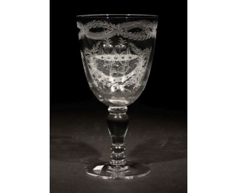 FreundschaftsbecherAnfang 20. Jh., farbloses Glas, mundgeblasen, die glockenförmige Kuppa mit umfangreichem Schliff, mit zwei