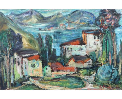 Strohhäcker, ReinholdNürtingen 1900 - 1975 Stuttgart, Maler und Grafiker. "Südliche Landschaft mit See", Blick von einer Anhö