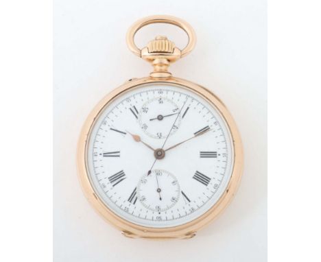 Feine Herrentaschenuhr mit ChronographParis, 1890, Gelbgold 750, 2-Deckel-Goldgehäuse mit guillochiertem Rückdeckel, weißes E