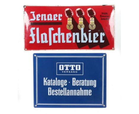 2 Werbe-Emailleschilder1x Pyro-Email, Boos &amp; Hahn, Ortenberg-Baden, Jenaer Flaschenbier, Schriftzug und Bierflaschen auf 