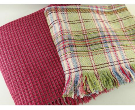 TWO VINTAGE TRADITIONAL WELSH BLANKETS,  pastel pink/green plaid 226 x 180cms; and deep pink/green waffle 220 x 254cms (2)