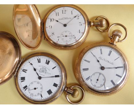 THREE GOLD PLATED POCKET WATCHES, comprising (i) Elgin National Watch Co. open faced topwind watch with signed Roman enamel d