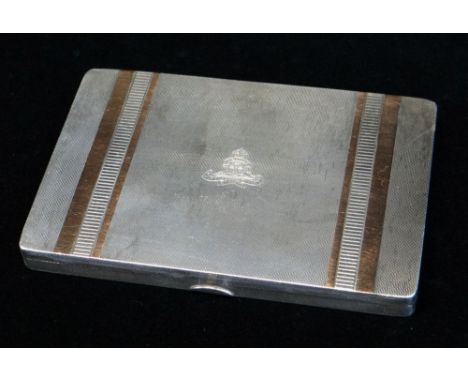 GEORGE VI SILVER & YELLOW METAL BANDED MILITARY CIGARETTE BOX, Birmingham 1948 by W H Manton, engine turned rectangular case 