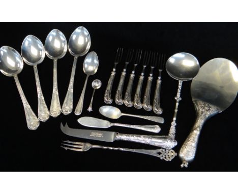 ASSORTED SILVER &amp; EPNS, including silver Renaissance-style serving spoon, silver ivory-mounted butter knife, set six silv