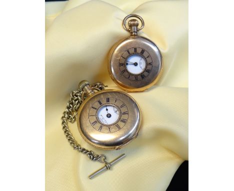 TWO GENTS HALF HUNTER POCKET WATCHES comprising Dennison gold plated example with T-bar chain, together with another stamped 