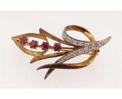 9CT GOLD RUBY &amp; DIAMOND CHIP BROOCH of leaf design, 4.1gms