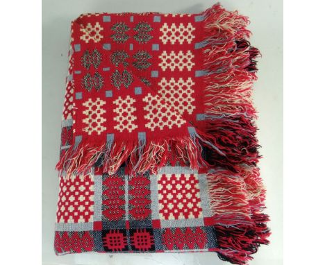 WELSH CWMLLWCHWR TAPESTRY BLANKET, pink cream and black, fringed, with green label, 160 x 229cms Condition: minor staining an